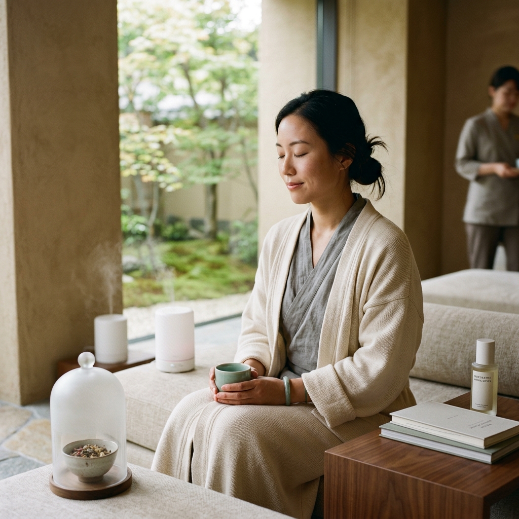 Asian woman in a calm, immersive wellness therapy setting