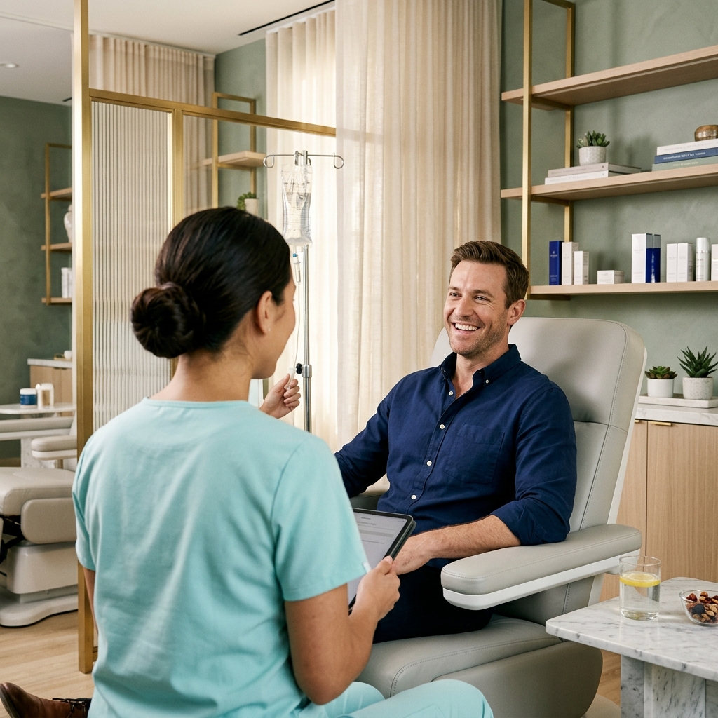 White man receiving a health consultation and vitamin boost